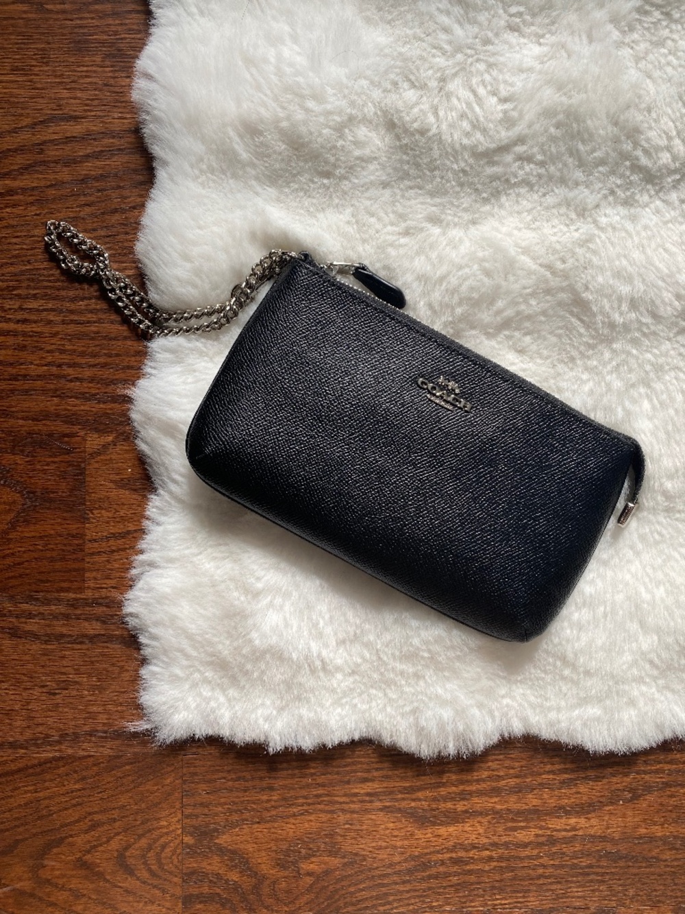Coach Black Pebbled Leather Wristlet Wallet Clutch Chain Strap Purse